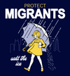 Illustration of a person holding an umbrella with text 'Protect Migrants' and 'salt the ice' on a dark blue background.