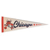 A vintage wool felt pennant featuring a cartoon bull with a basketball and the word 'Chicago' written across the top with a red and white design.